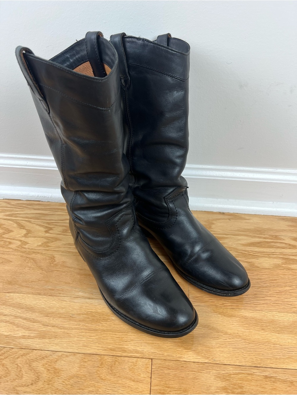 Frye Melissa Black Leather Pull On Mid Calf Riding Boots Women's Size 7B